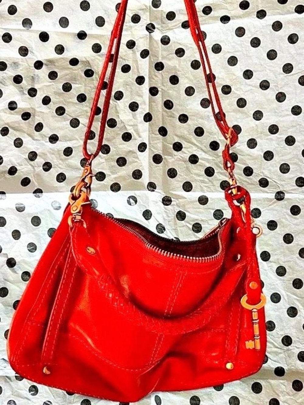 Fossil Pebbled Leather Hobo Shoulder Bag Red